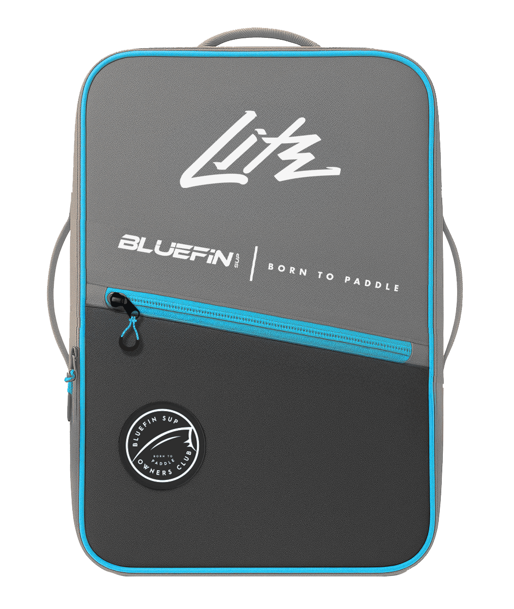 Gray and black Lite backpack with blue accents and 'Bluefin' branding on the front
