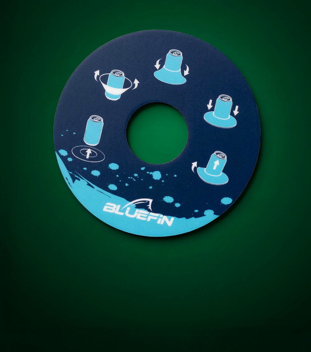 Round instructional disc with graphics showing can rotation and movement, blue and dark background