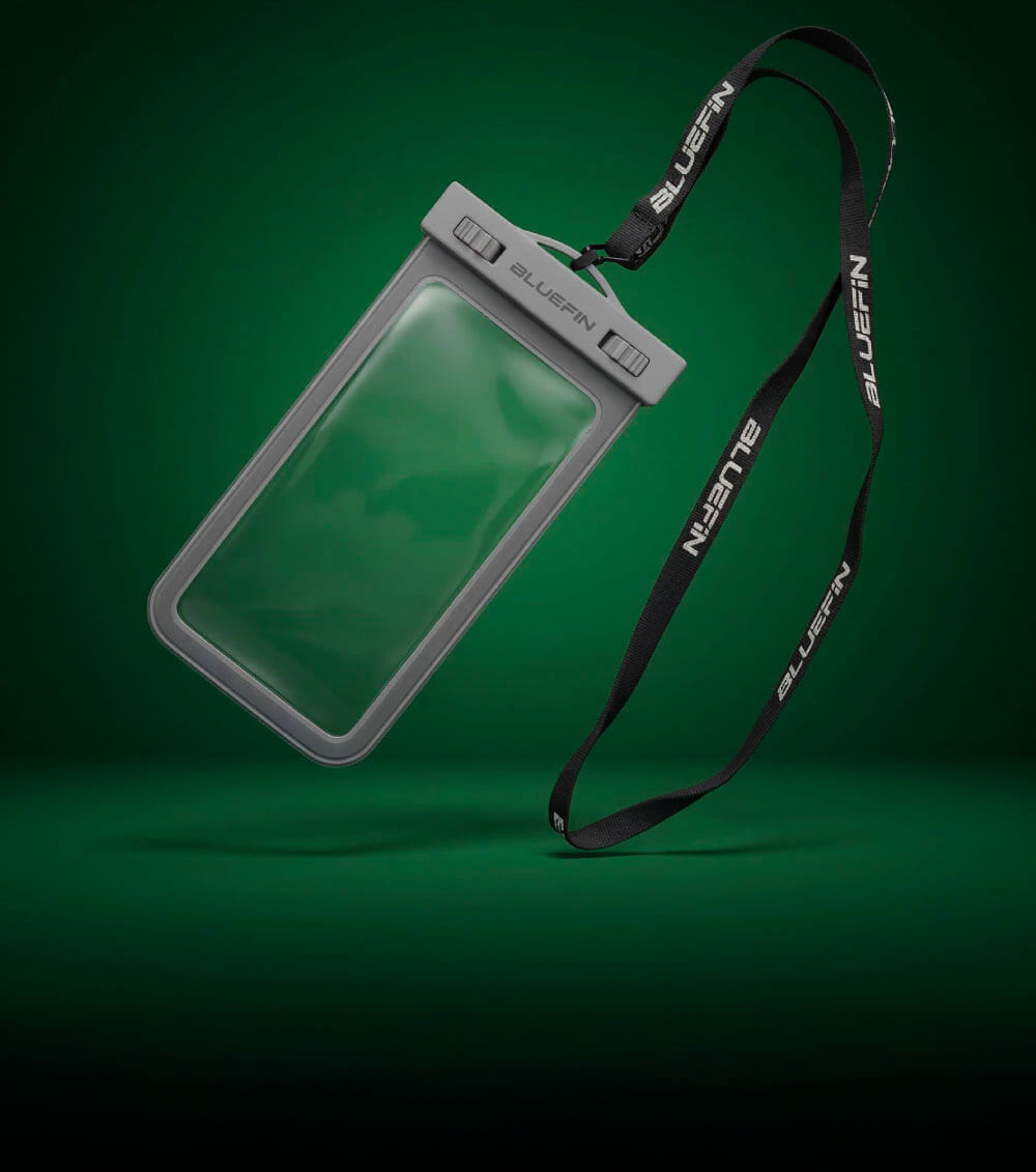 Gray waterproof phone pouch with lanyard, designed for outdoor use, suspended against a green background.