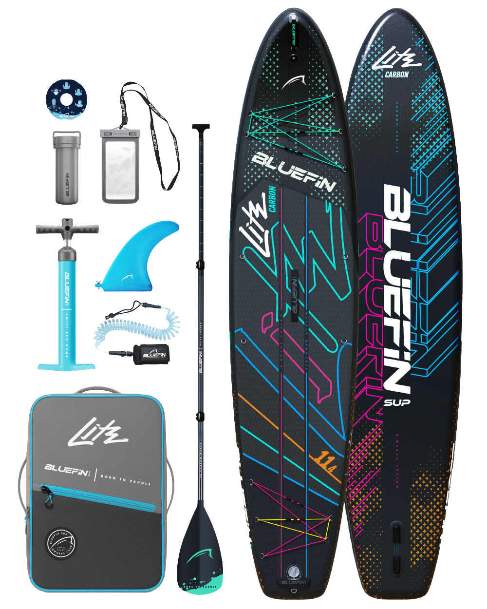 Lite Carbon inflatable SUP package with front and back of the paddleboard, paddle, pump, fin, leash, bag and accessories