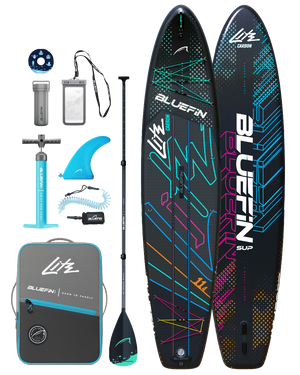 Lite Carbon inflatable SUP package with front and back of the paddleboard, paddle, pump, fin, leash, bag and accessories