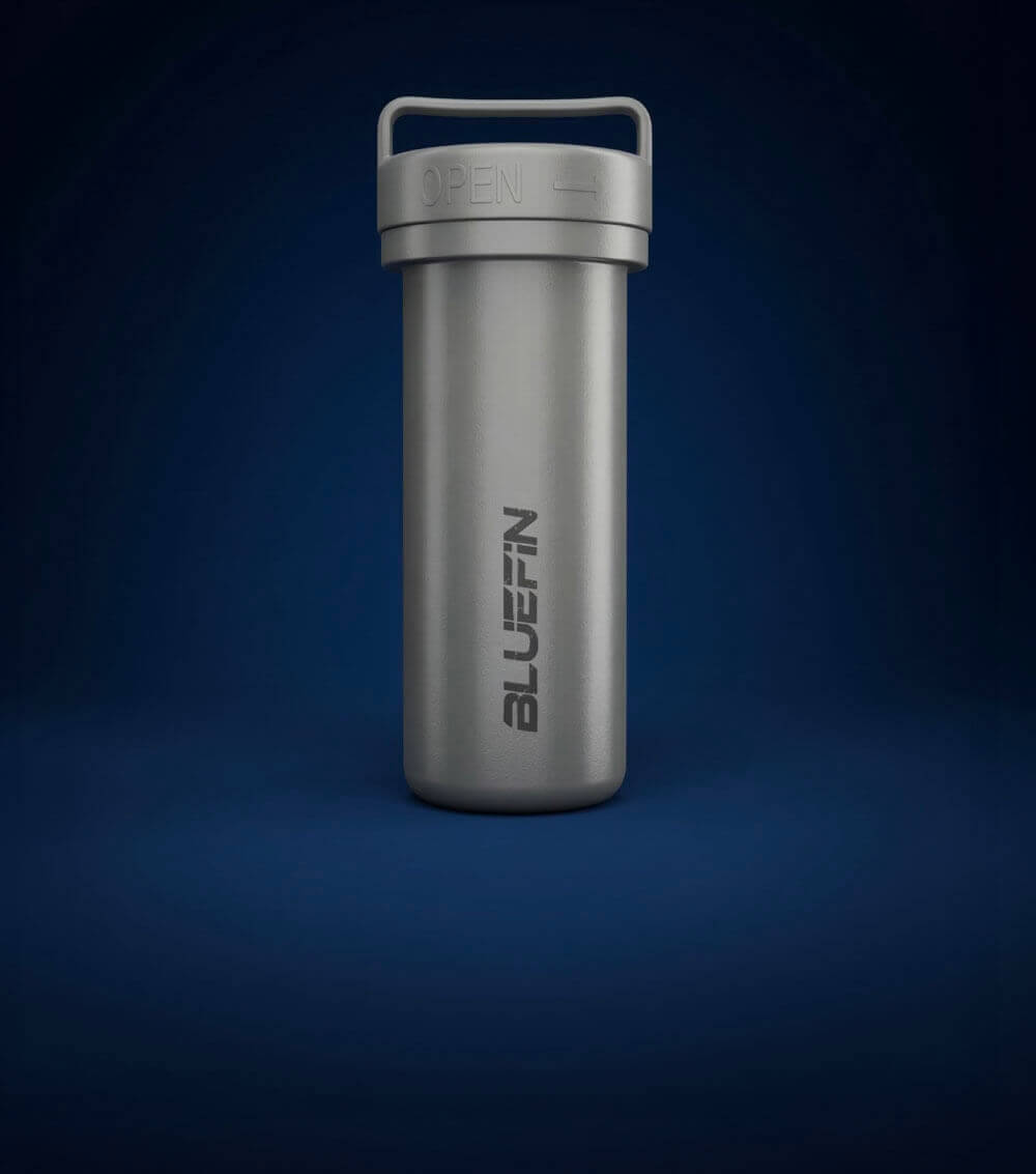 Silver cylindrical container with a handle, marked "OPEN" and "BLUEFIN" logo on the side