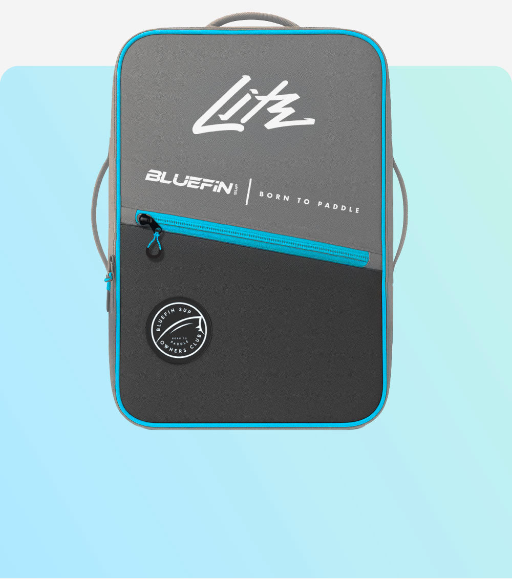 Gray backpack with Bluefin branding, featuring a zippered pocket and logo details against a gradient background.