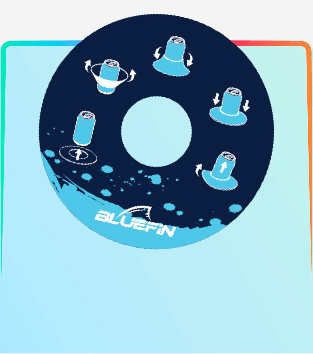Bluefin SUP instructional graphic showing paddleboard maneuvering techniques with illustrated icons.