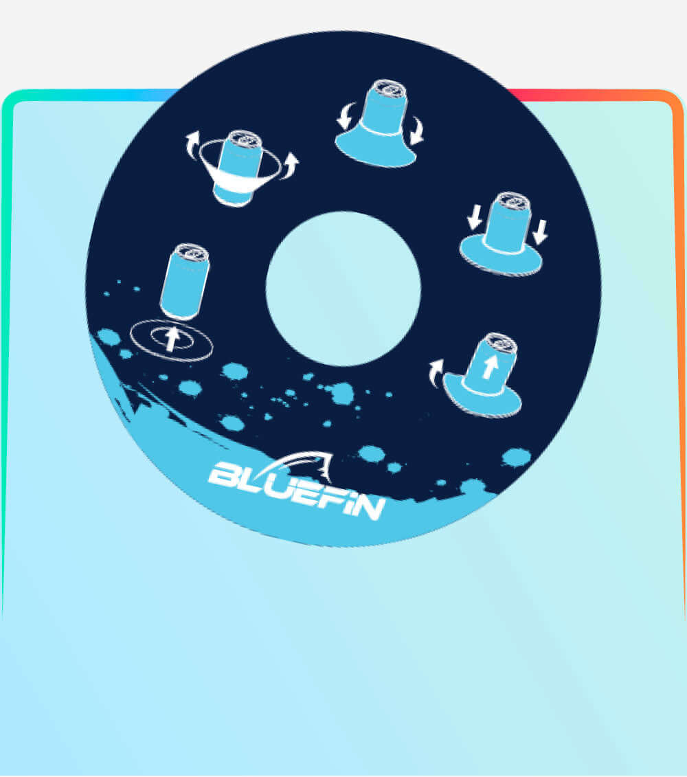 Bluefin SUP instructional graphic showing paddleboard maneuvering techniques with illustrated icons.