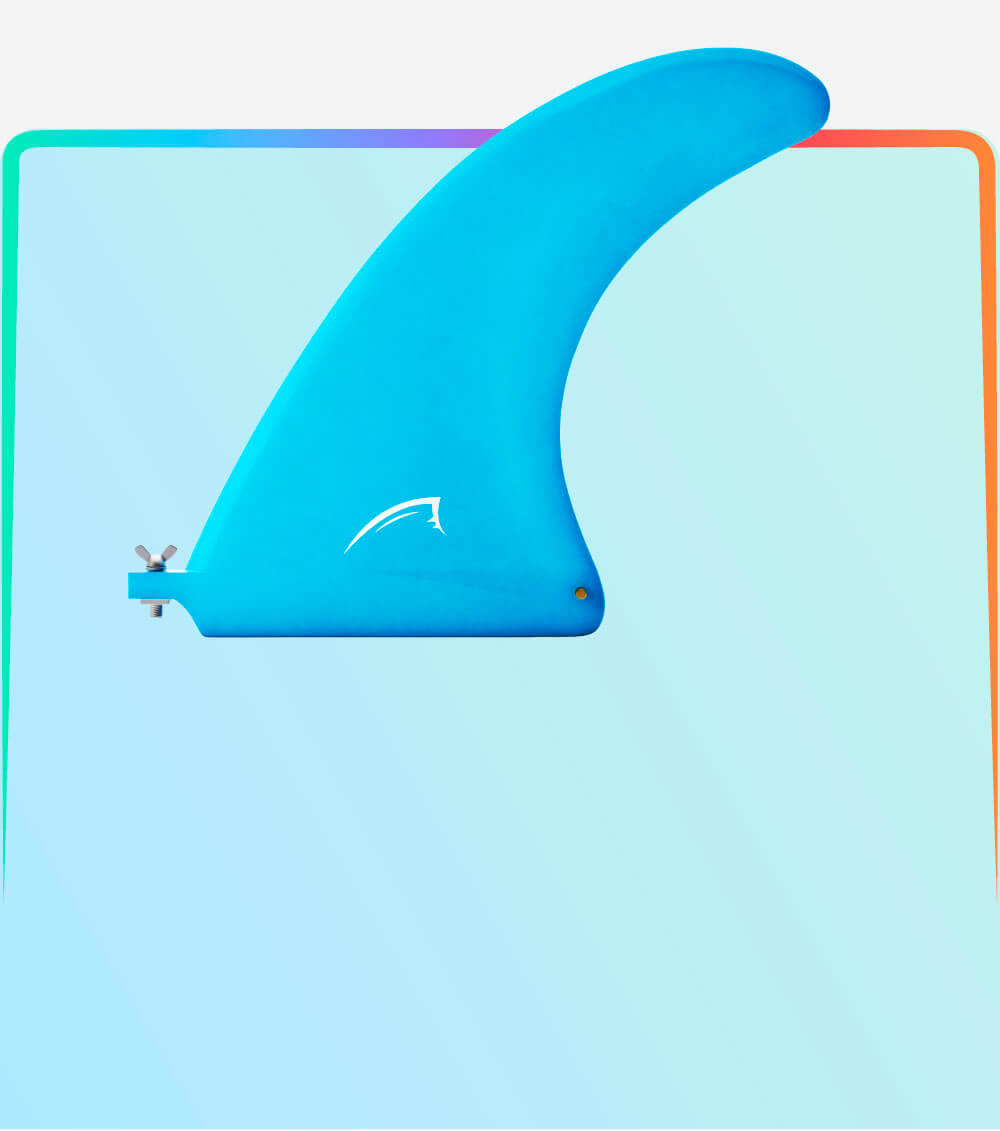 Blue SUP fin against a gradient background, featuring a logo and a screw for attachment.