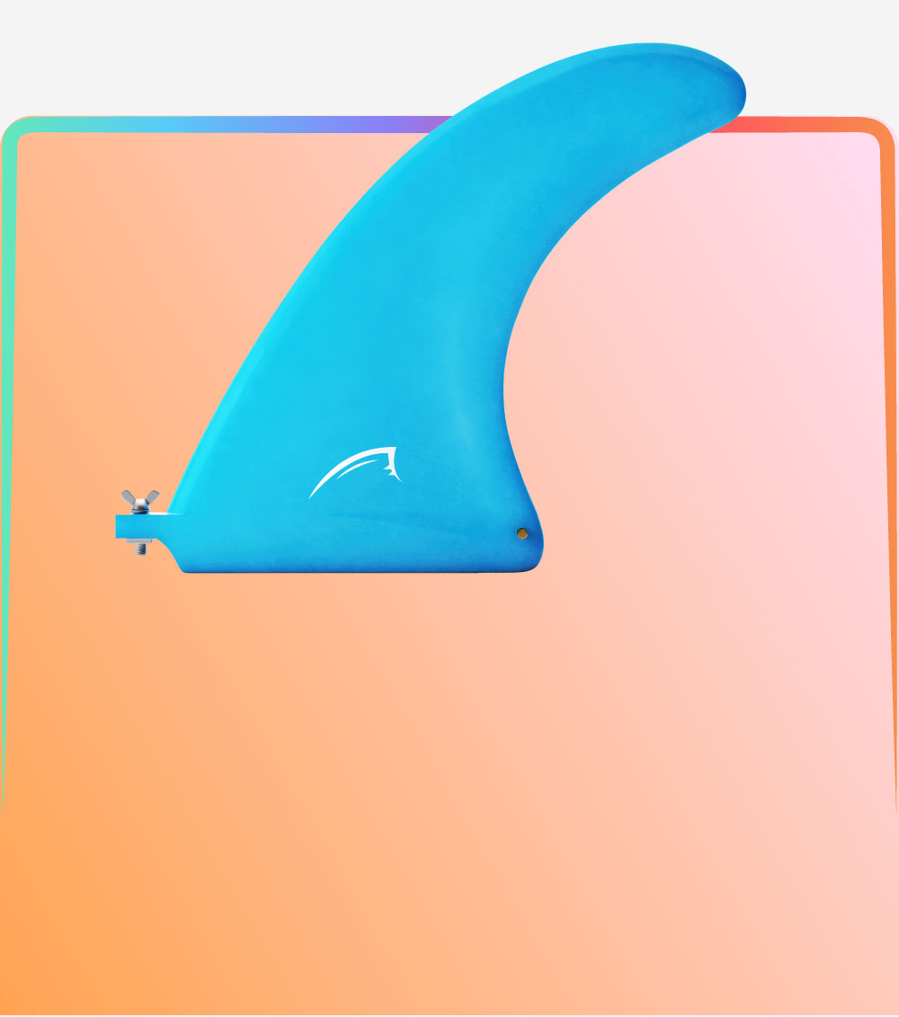 Blue surfboard fin against a gradient background with a distinctive logo. Ideal for water sports enthusiasts.