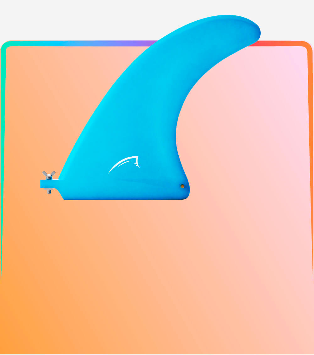Blue surfboard fin against a gradient background with a distinctive logo. Ideal for water sports enthusiasts.