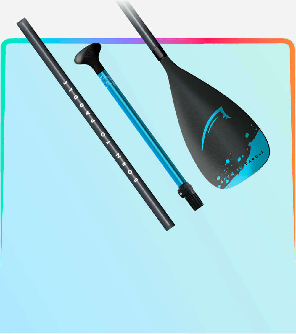 Three-piece adjustable paddle with a black blade and blue accents, set against a colorful background.