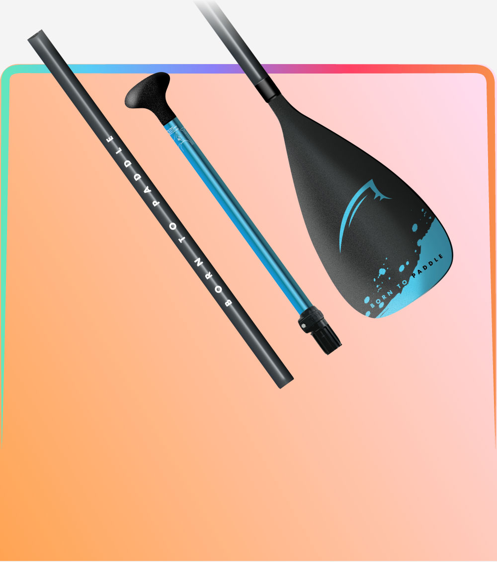 Colorful stand-up paddleboard paddle components on a gradient background.