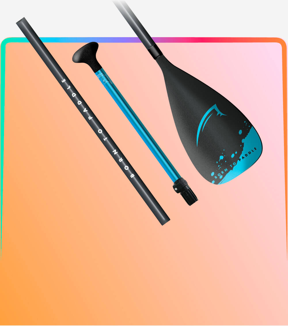 Colorful stand-up paddleboard paddle components on a gradient background.