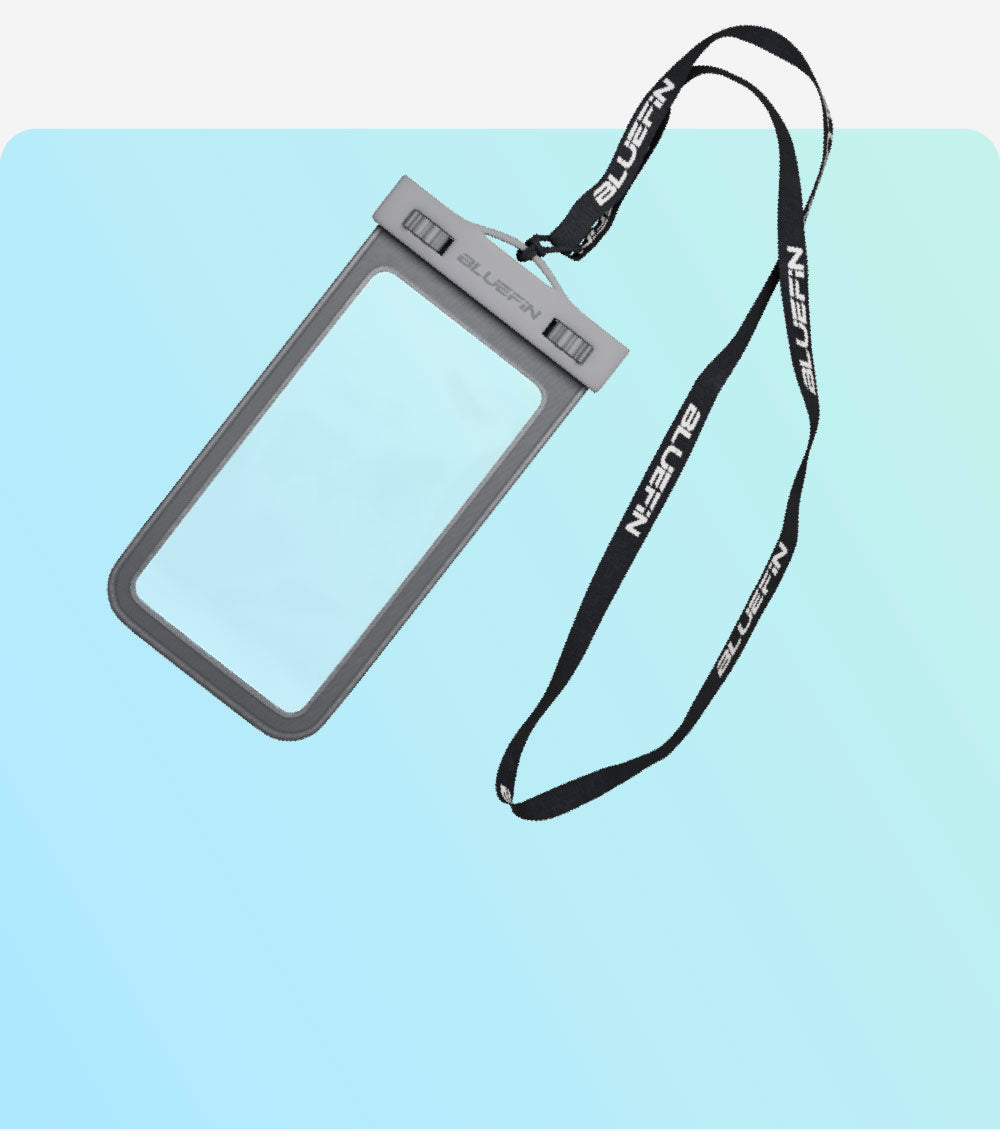 Waterproof phone pouch with lanyard, ideal for outdoor activities. Bluefin branding visible.