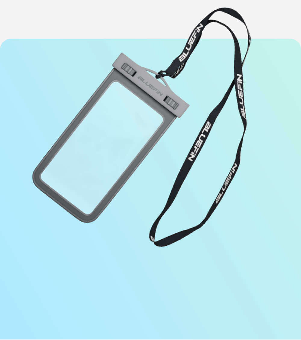 Waterproof phone pouch with lanyard, ideal for outdoor activities. Bluefin branding visible.