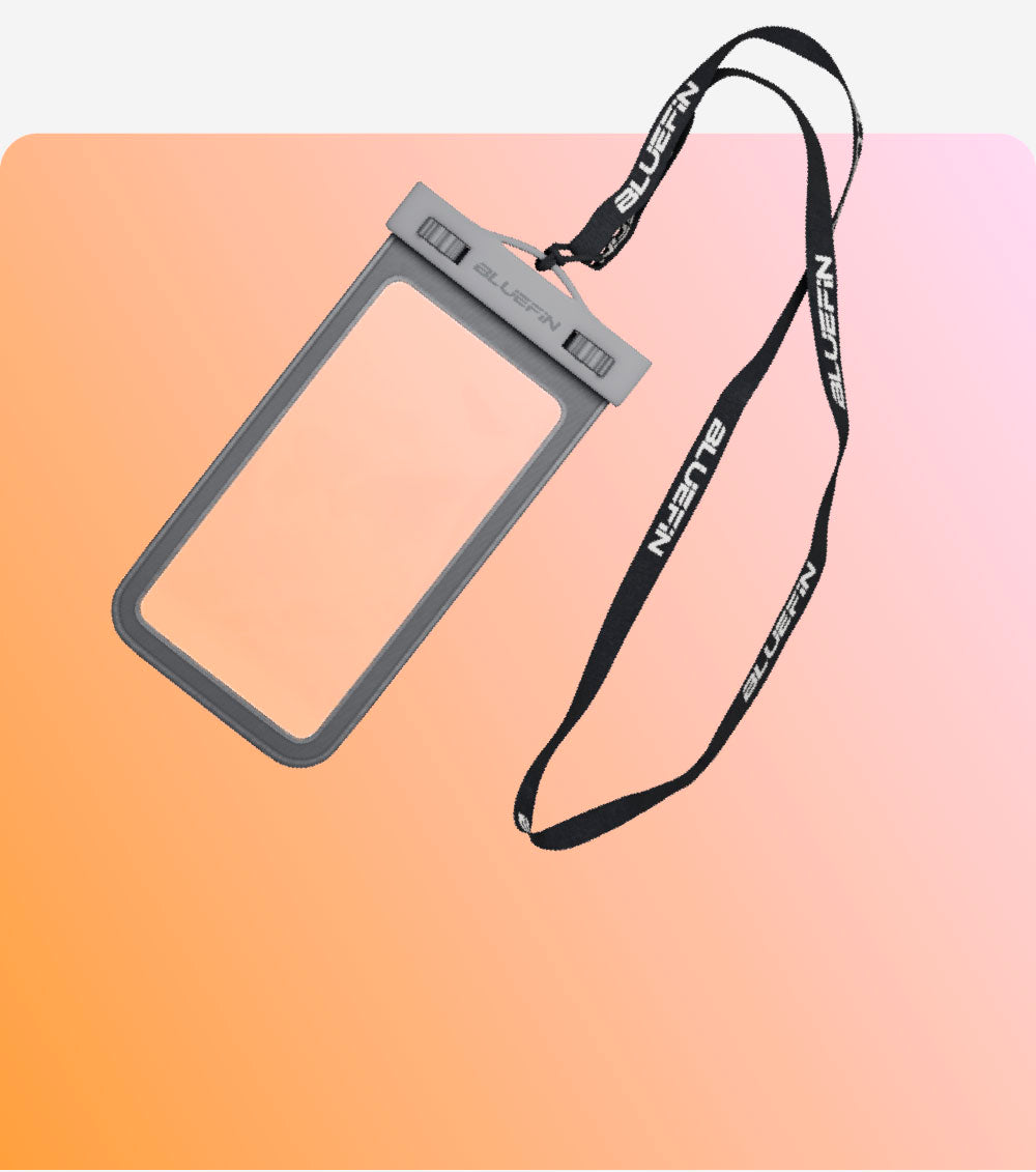 Waterproof phone pouch with strap, ideal for outdoor adventures or water activities.