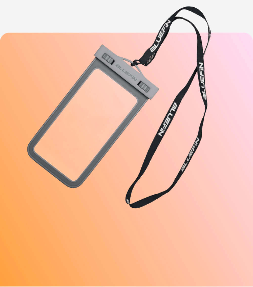 Waterproof phone pouch with strap, ideal for outdoor adventures or water activities.