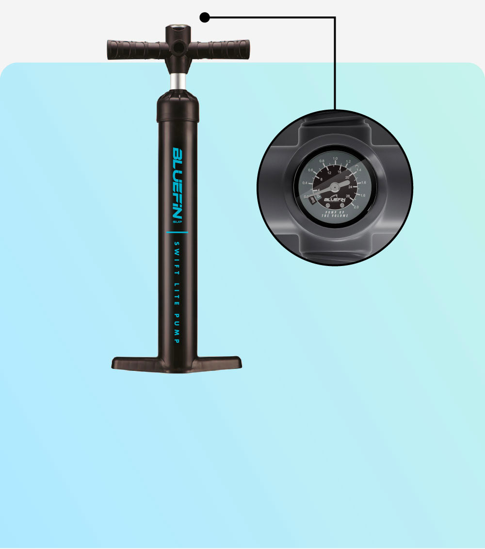 Bluefin Swift Lite pump with pressure gauge against a gradient background. Ideal for inflating paddleboards.