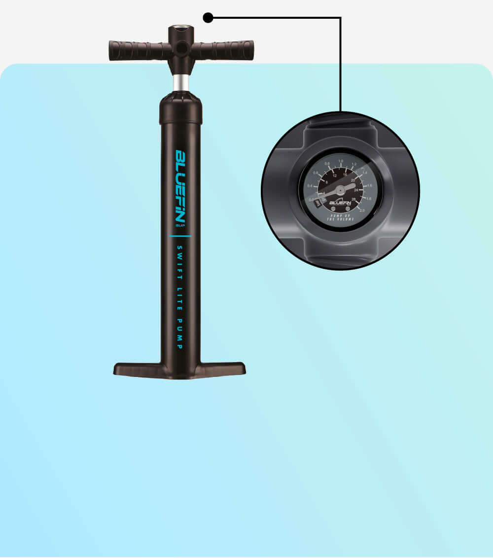 Bluefin Swift Lite pump with pressure gauge against a gradient background. Ideal for inflating paddleboards.