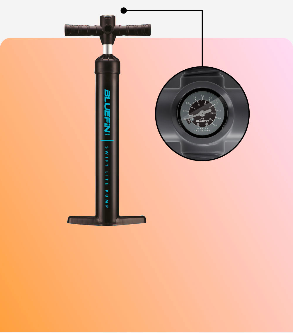 Bluefin SUP Swift Lite Pump with pressure gauge against a gradient background.