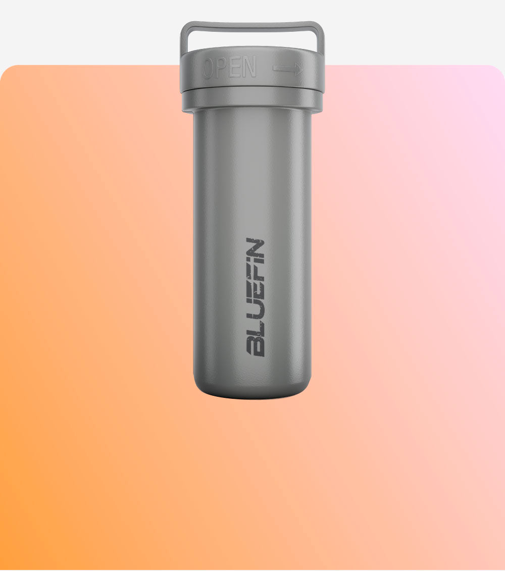 Gray waterproof container with "BLUEFIN" logo, set against a gradient orange background.