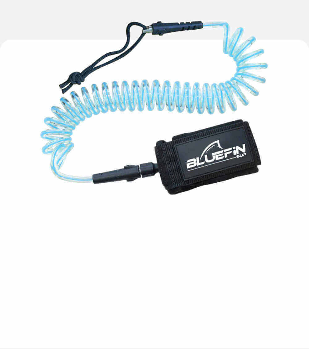 Bluefin SUP coil leash with adjustable strap for paddleboarding, featuring a durable design.