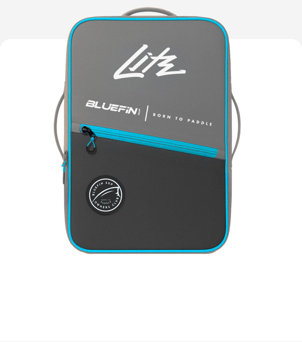 Bluefin SUP backpack in gray and blue, featuring zip closure and logo. Ideal for paddleboard enthusiasts.