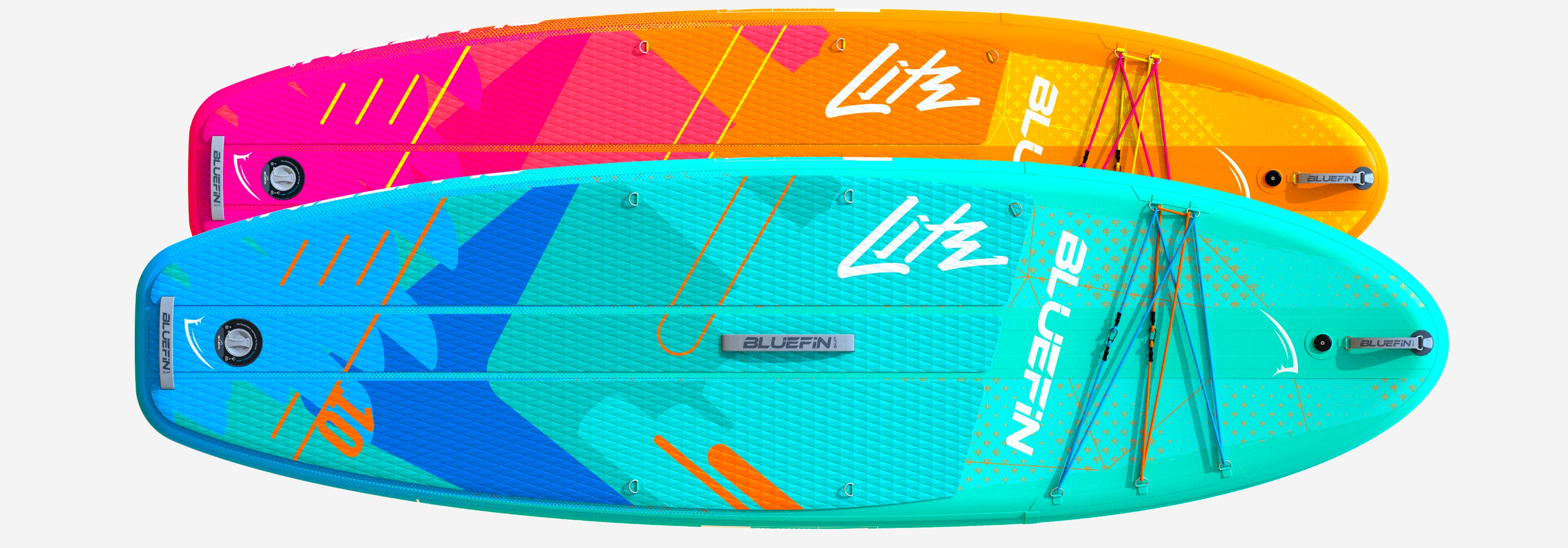 A photo showing the two colourways for the Bluefin Lite inflatable paddle board, the perfect travel sup