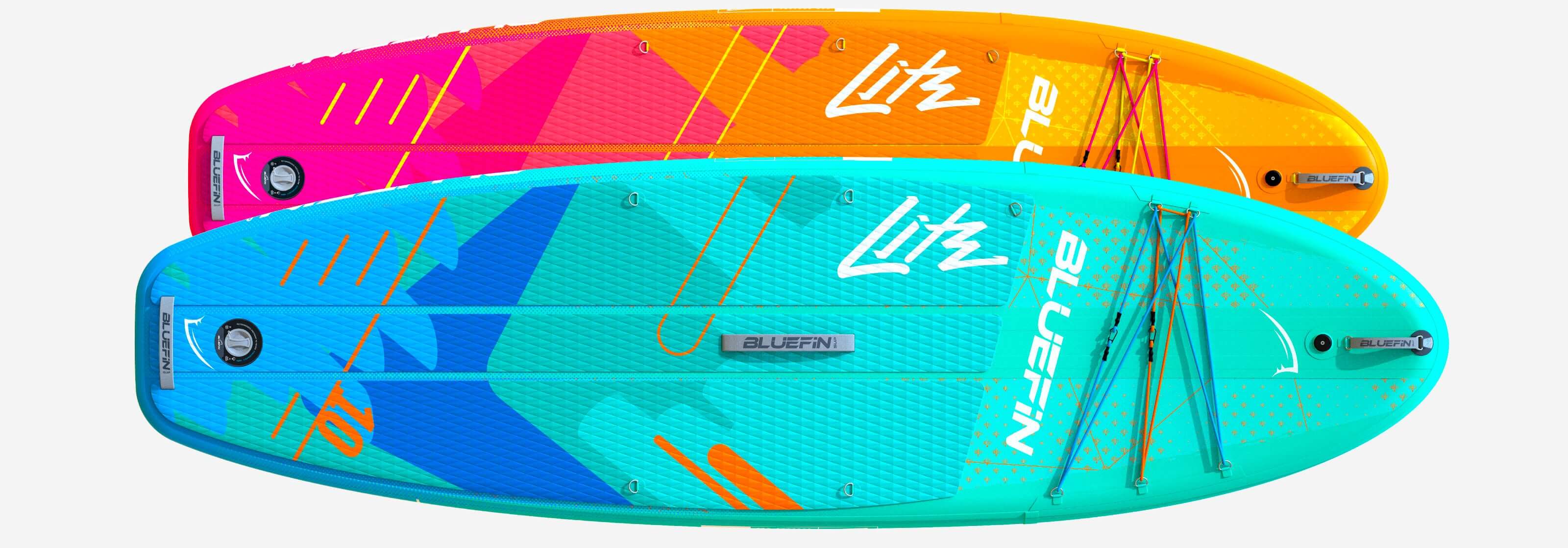 A photo showing the two colourways for the Bluefin Lite inflatable paddle board, the perfect travel sup