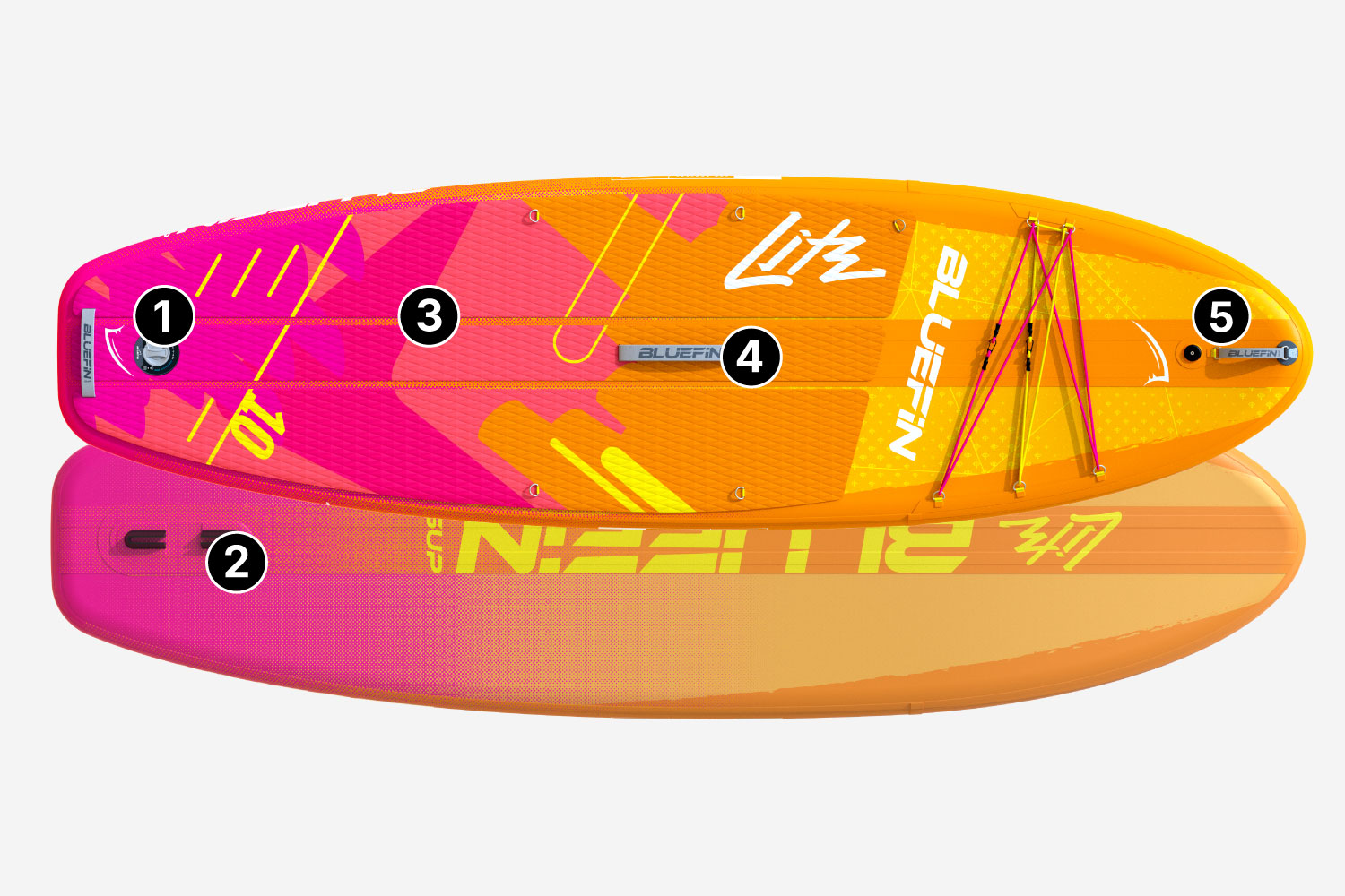 A photo showing the coral pink colourway for the Bluefin Lite inflatable paddle board, the perfect travel sup