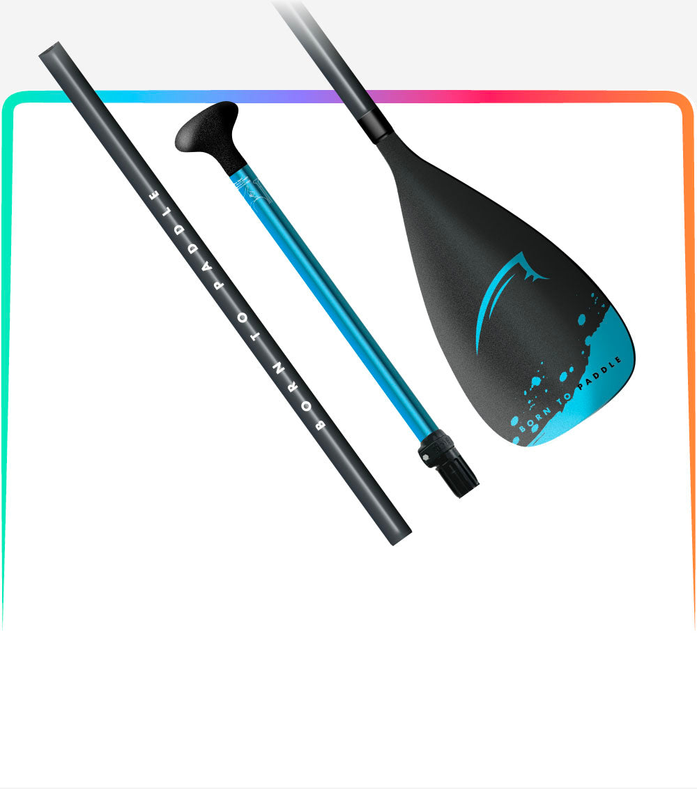 Three-piece adjustable stand-up paddle with a black blade and blue shaft, text reads "Born to Paddle.