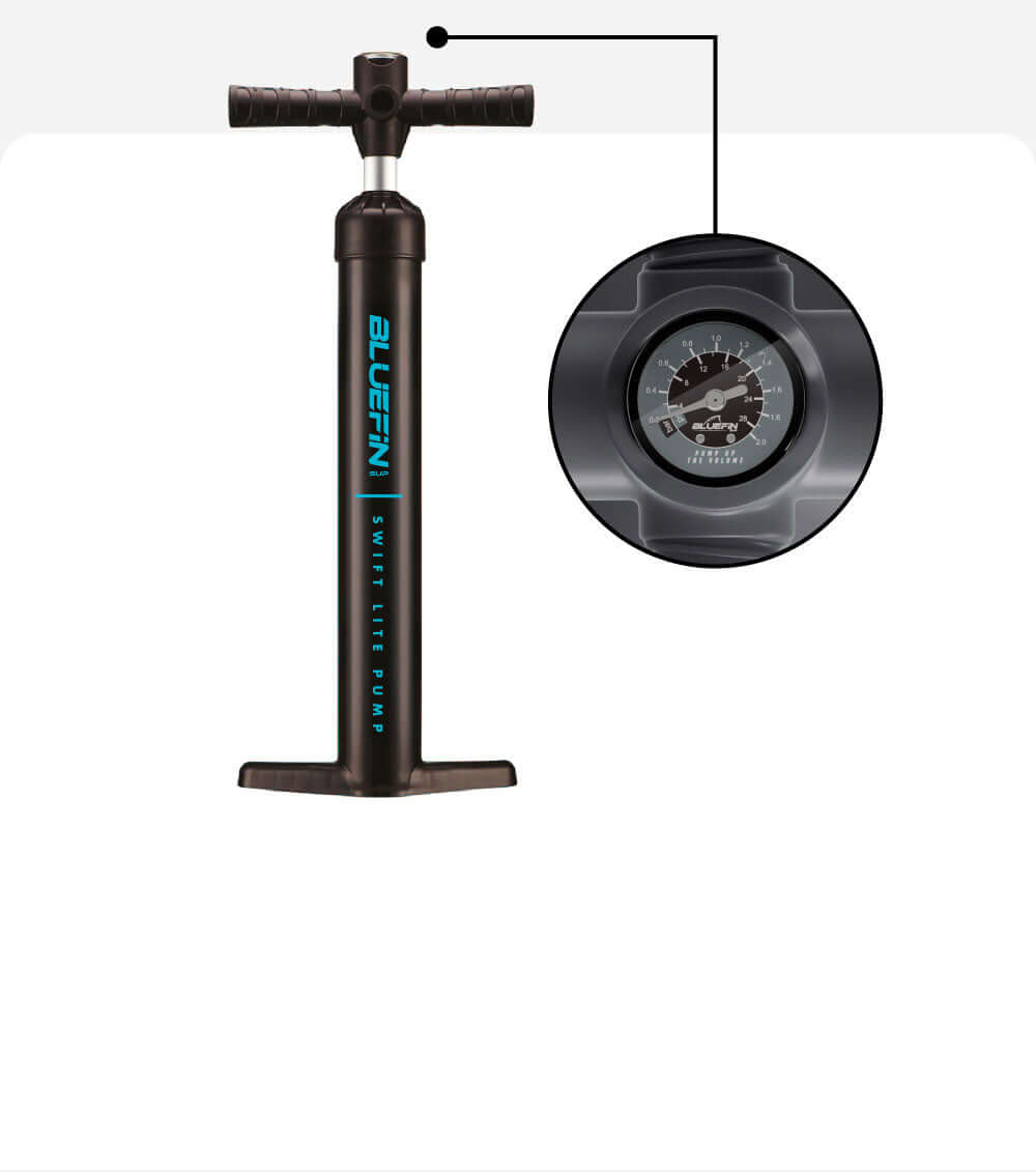 Bluefin SUP Swift Lite Pump with gauge for efficient inflation of paddleboards.