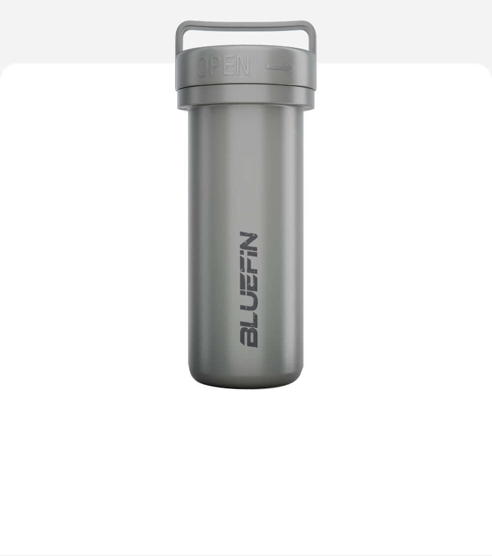 Gray waterproof storage container with "BLUEFIN" logo and an easy-open lid. Ideal for outdoor adventures.