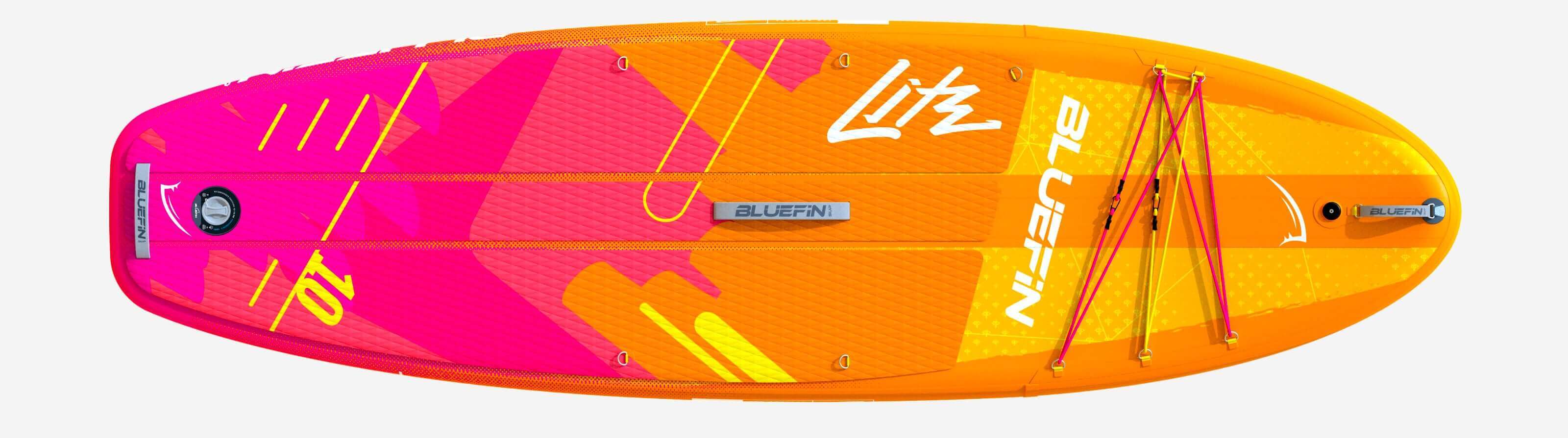 Photo showcasing the Bluefin Lite Inflatable paddle board,  the perfect Travel Sup
