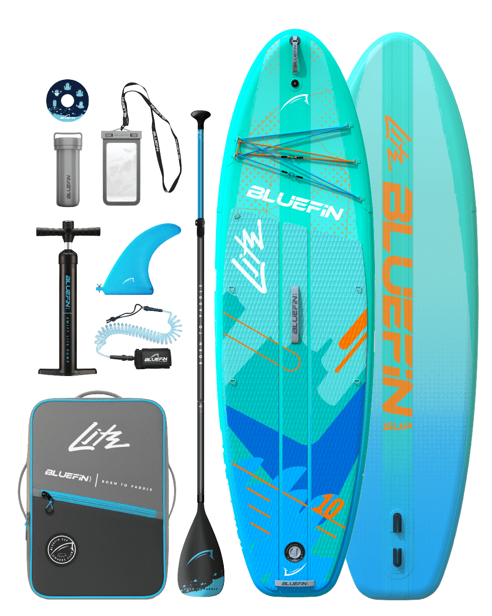 Bluefin lite paddle board set with accessories, a bag, pump, universal fin, ankle leash, waterproof phone case, repair kit, bottle dock and paddle