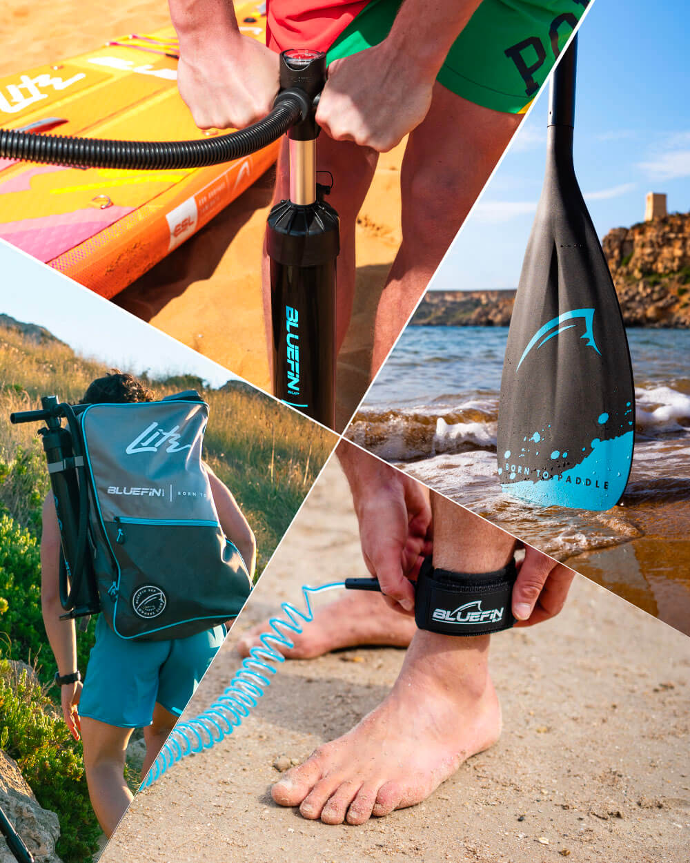 Close up shots of Bluefin inflatable paddleboard pump, paddle, ankle leash and bag