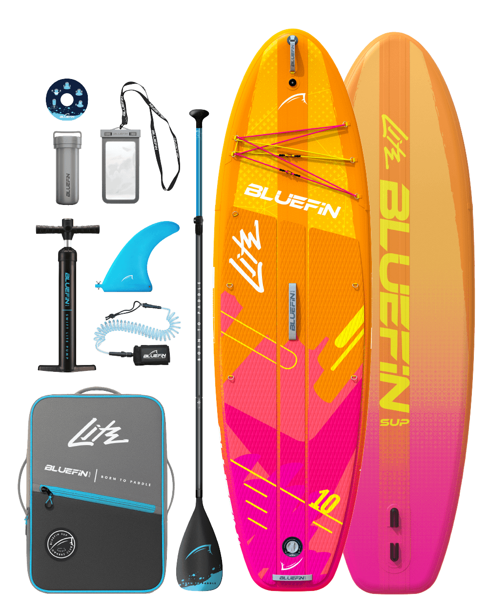Bluefin SUP inflatable paddle board kit with pump, paddle, fin, and accessories in vibrant colors.