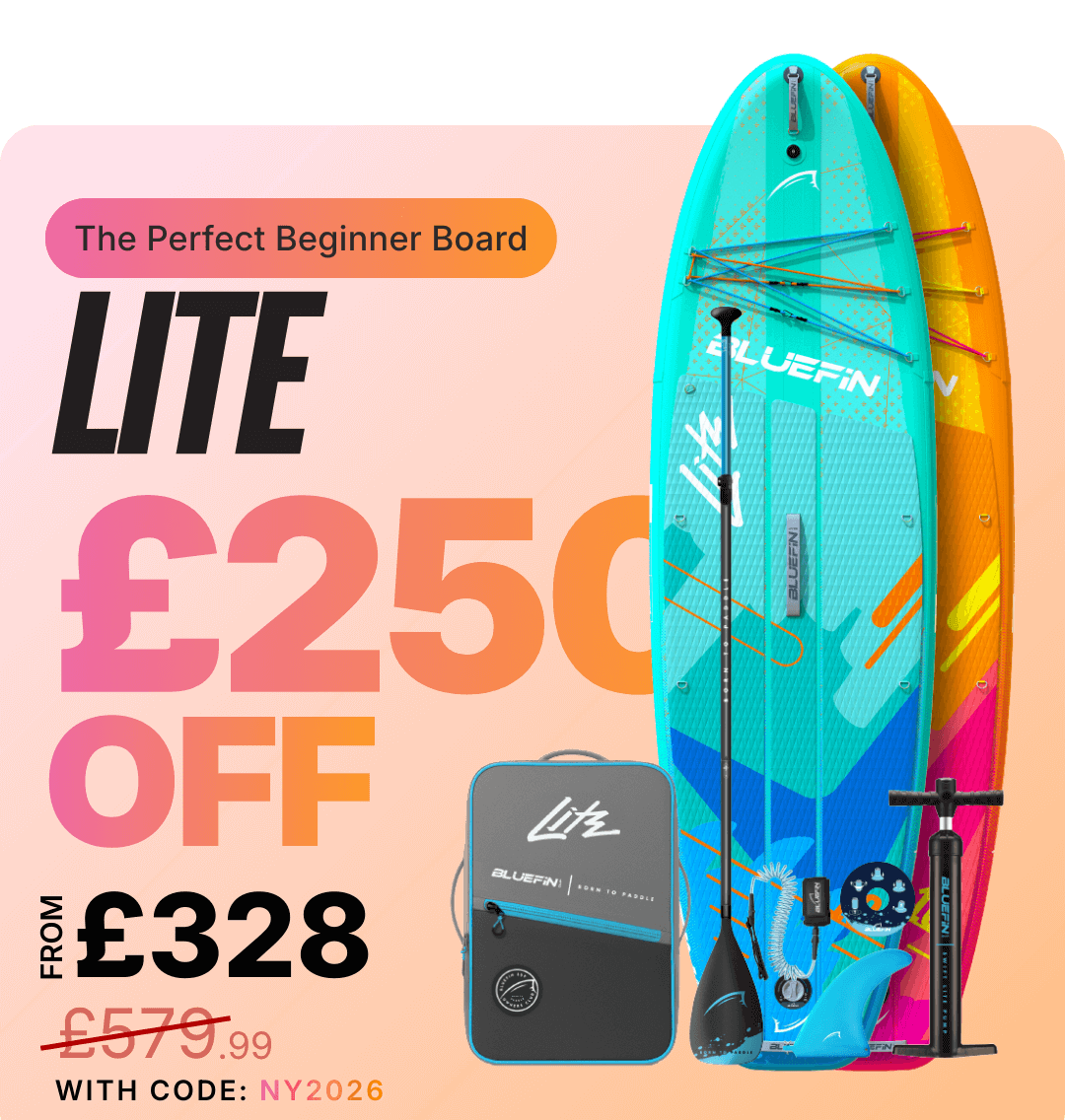 Inflatable paddleboard in teal and orange with paddle, pump, and carrying bag, showcasing £250 off deal