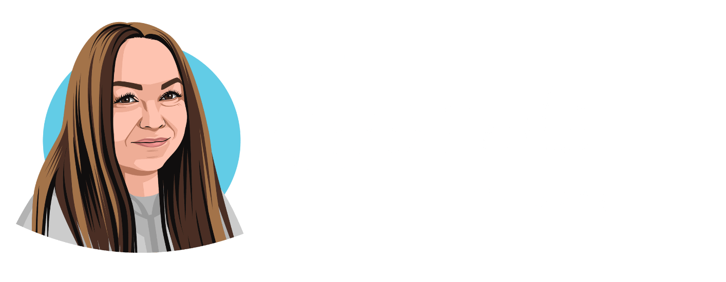 Illustration of a woman named Kristine with long hair, featuring her name and social media handle.