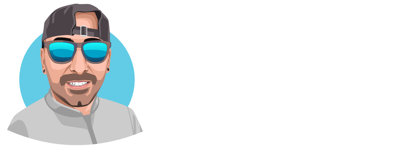 Graphic of a smiling man named Robert wearing sunglasses and a cap, introducing himself with a social media handle.