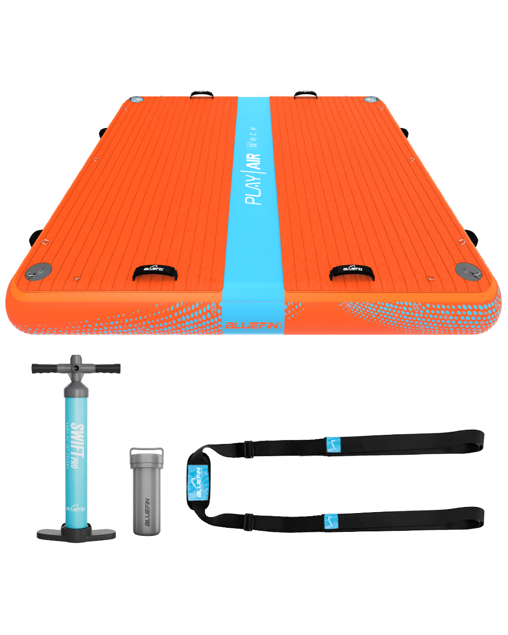 An inflatable orange bluefin play air dock with blue accents, including a pump and a carry strap