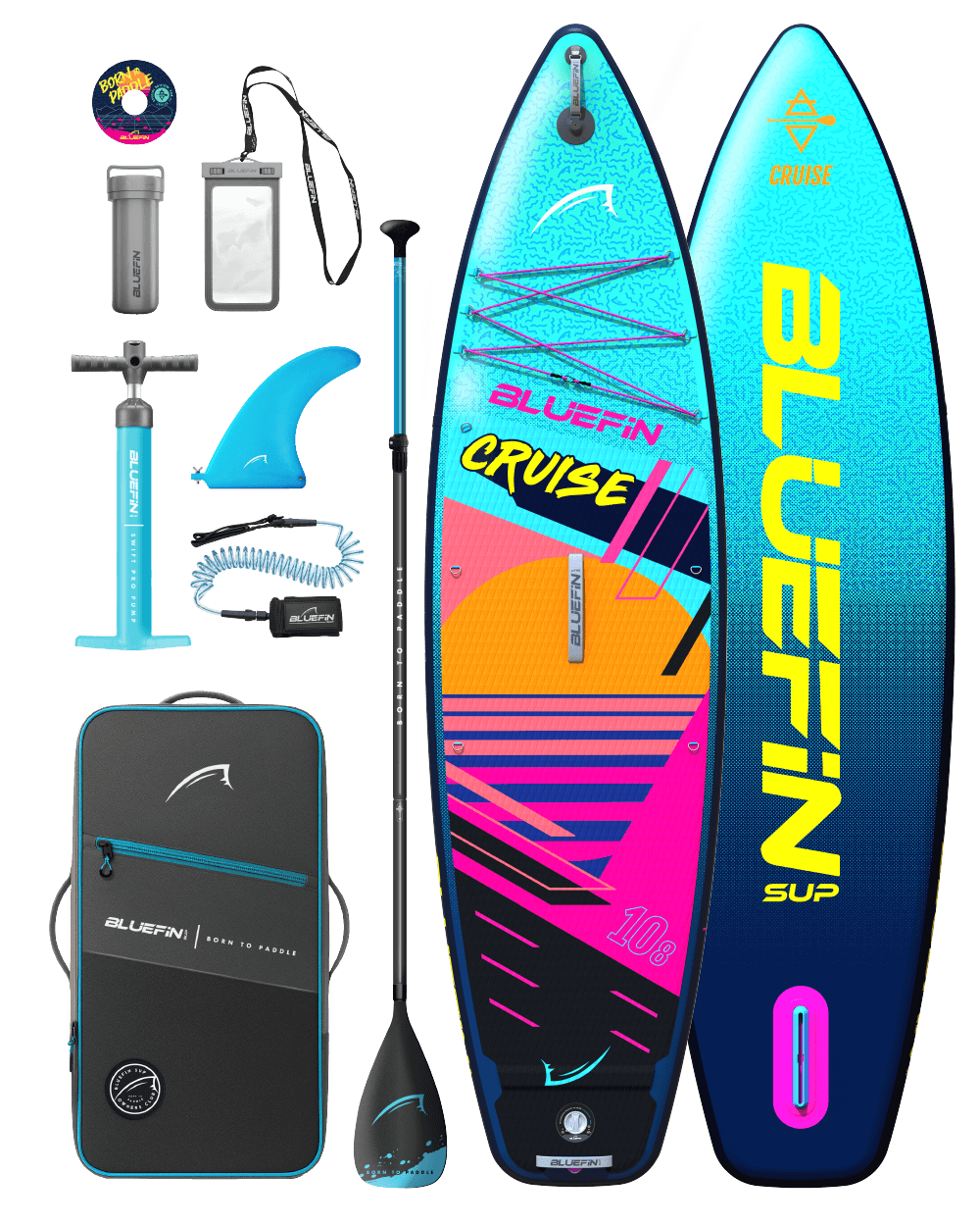 Bluefin SUP Cruise paddleboard with accessories: pump, paddle, fin, carry bag, and safety gear. Perfect for adventure.