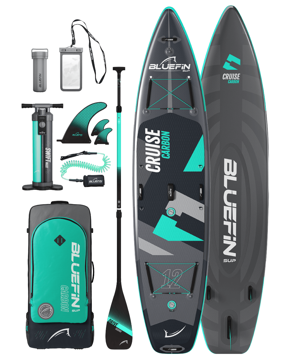 An inflatable paddle board package for Cruise Carbon 12' SUP including a paddleboard with black, gray, and green design, a pump, a backpack, an ankle leash, repair kit, waterproof phone case, fins and a carbon fiber paddle.