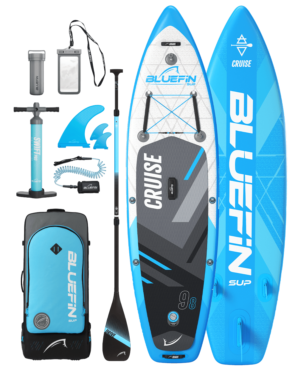 Bluefin SUP Cruise package with inflatable paddleboard, paddle, pump, fins, backpack, and accessories.