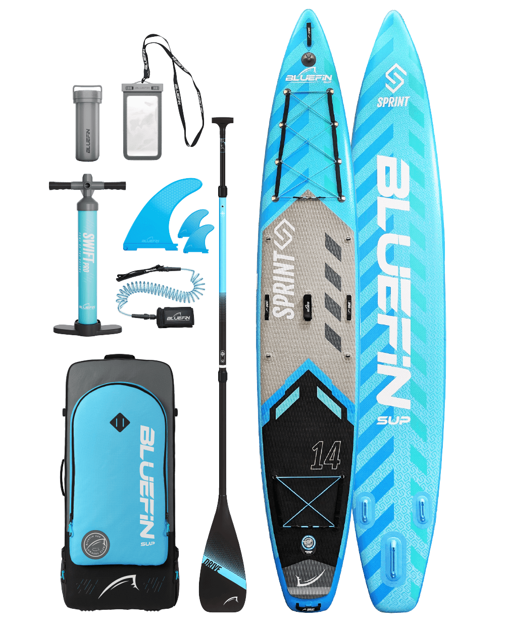 An inflatable sprint 14' paddleboard, primarily blue in colour with black and gray accents, including a paddle, pump, and a carry backpack. The board has 'Sprint' and measurements '14' marked on it.