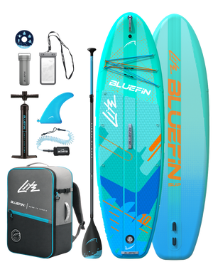 Inflatable paddleboard with blue and turquoise design, paddle, pump, fin, backpack, and accessories.