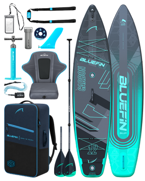 Inflatable paddleboard kit with paddle, pump, seat, fin, and carrying backpack in blue and gray colors.