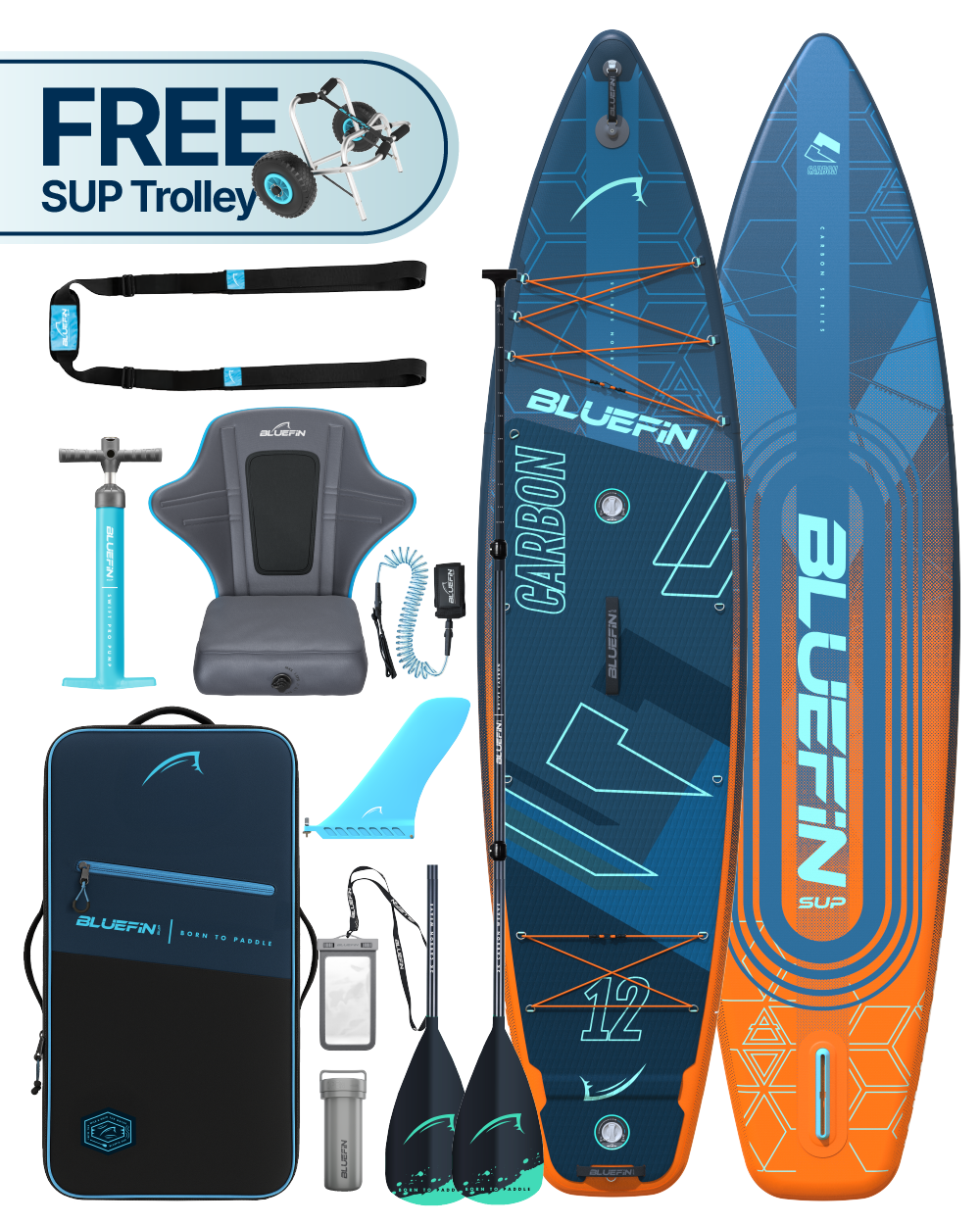Inflatable paddleboard with blue and orange design, paddle, pump, seat, and accessories in a carrying bag.