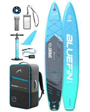 Inflatable paddleboard kit with two boards, pump, fin, backpack, and accessories in blue and gray colors.