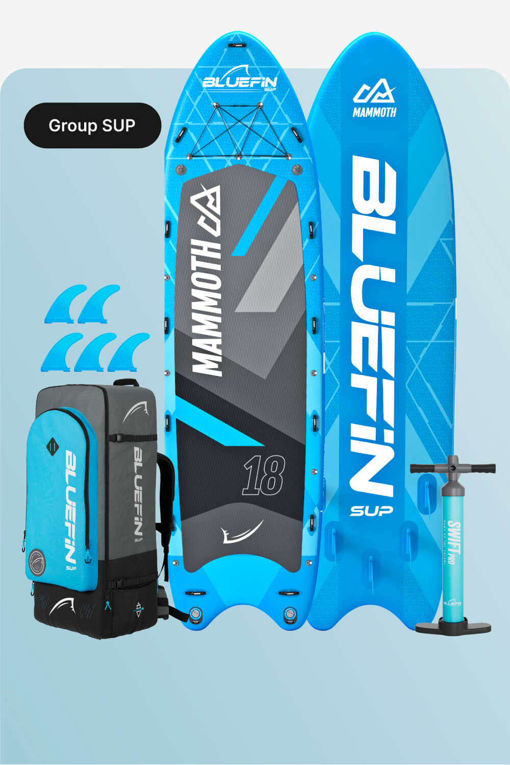 Inflatable paddleboard in blue with textured deck, carrying backpack, fins, and pump for group use