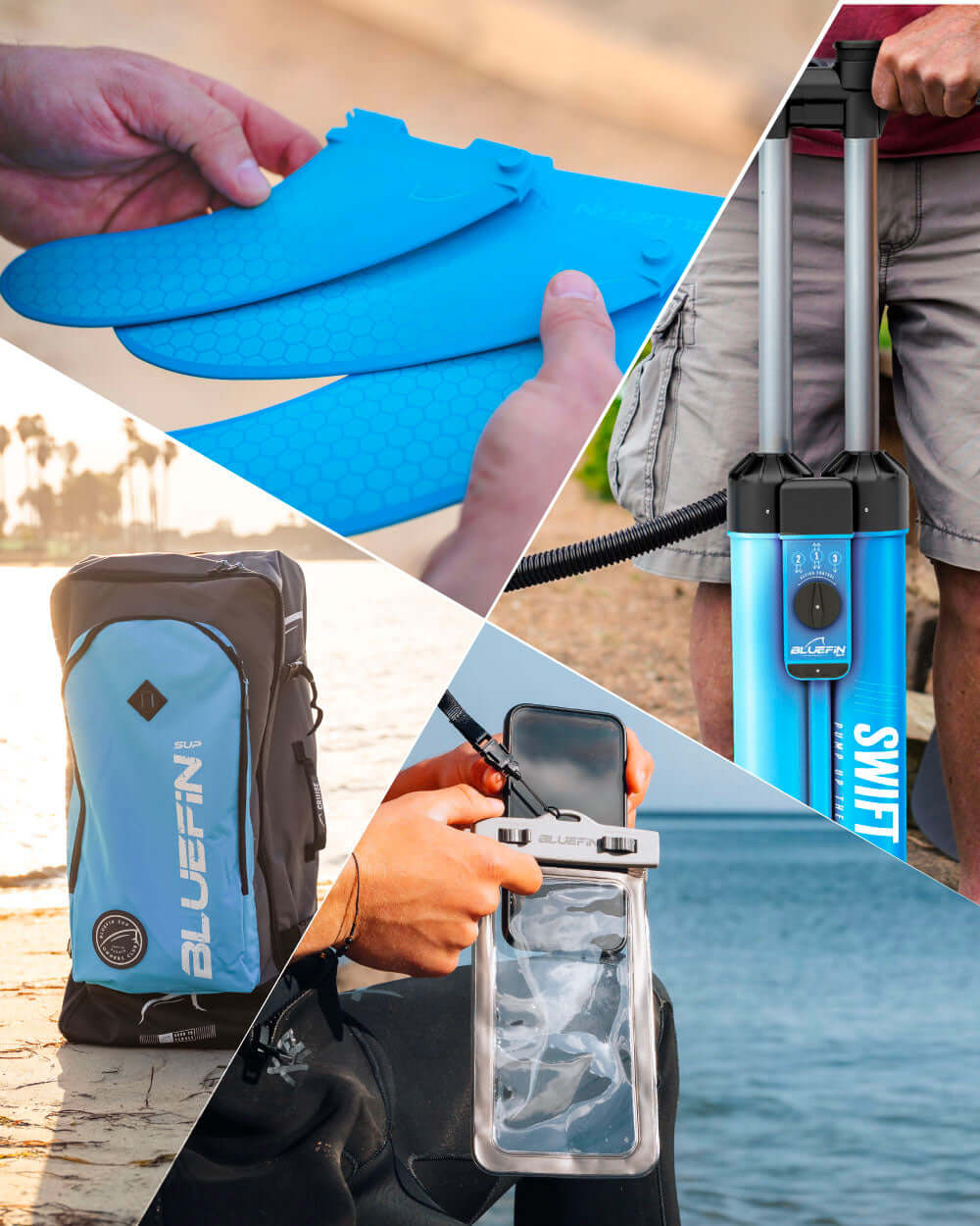 Collage of Bluefin products including blue fins, pump, bag, and phone case with a beach and water background.
