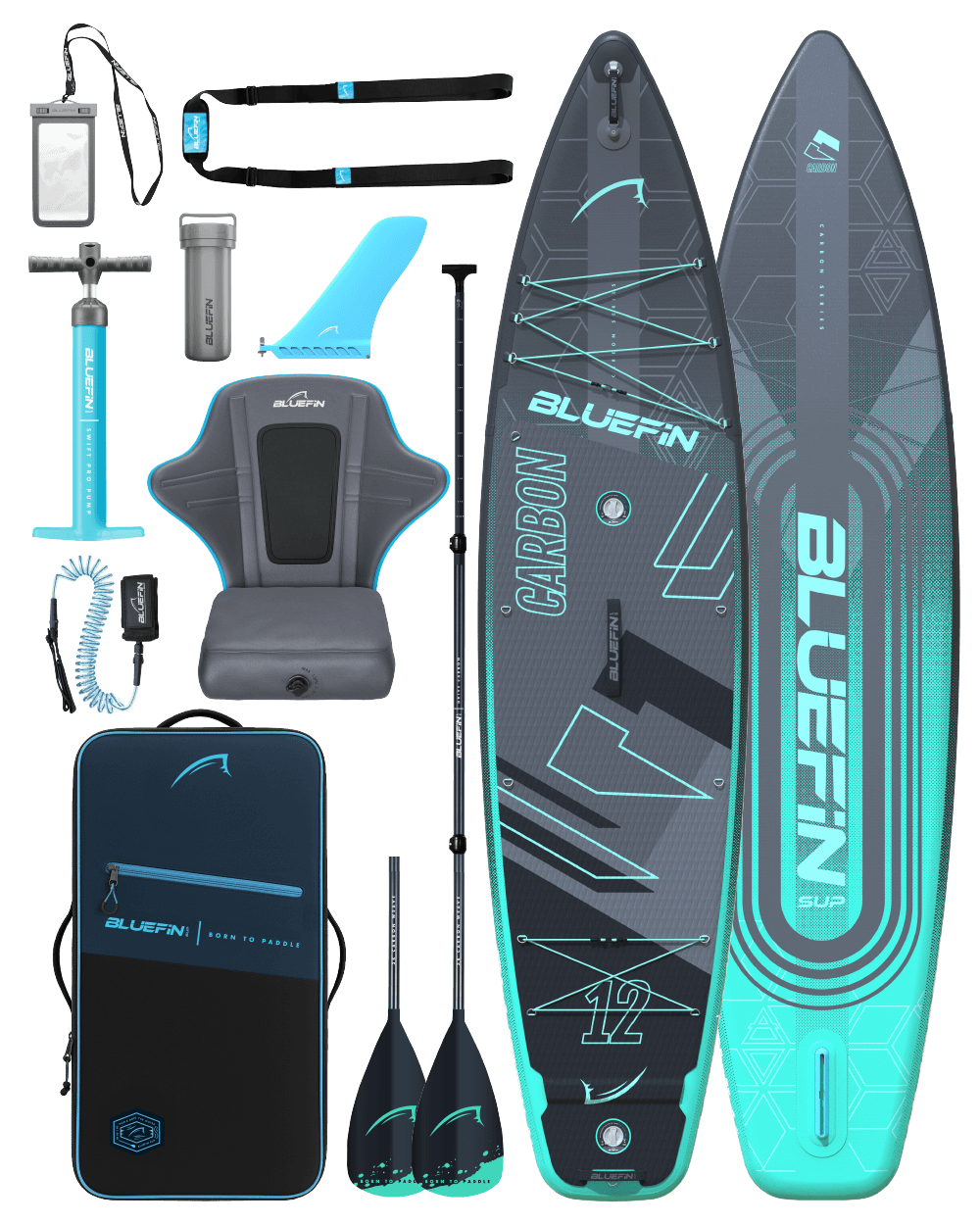 Complete Bluefin SUP kit including inflatable paddleboard, paddle, pump, seat, and accessories in blue and gray.